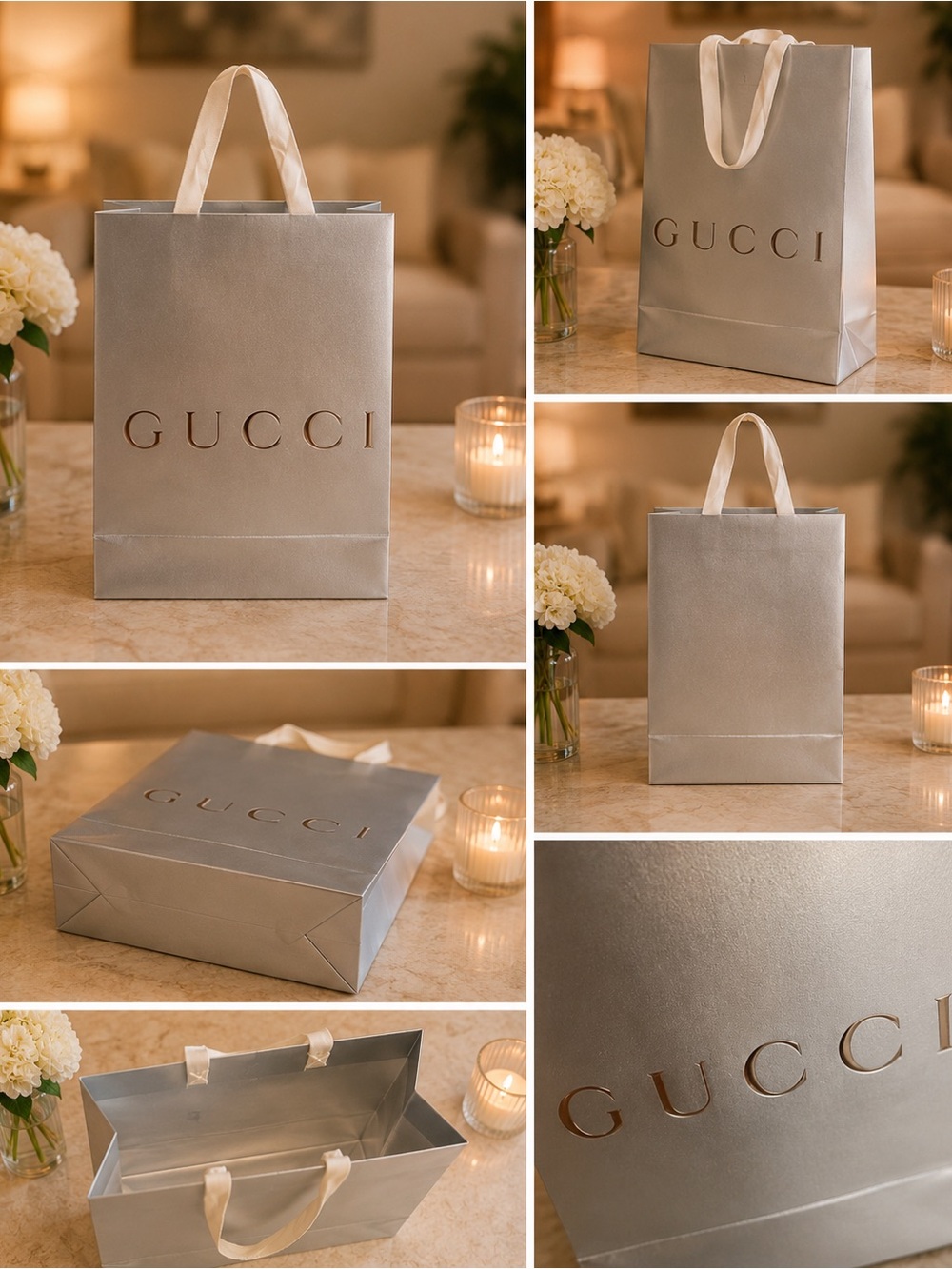 Gucci Silver Metallic Shopping Bag with Cream Satin Handles